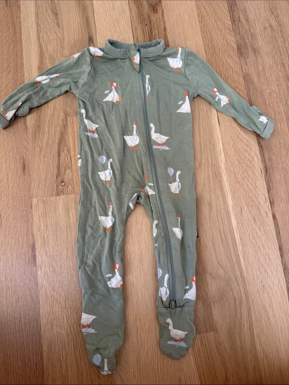 Kyte BABY Olive Green Goose Print Footed One-Piece